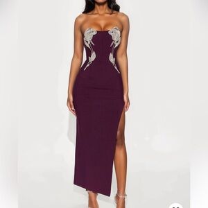 Crystal silver plum purple bandage maxi gown dress strapless XS